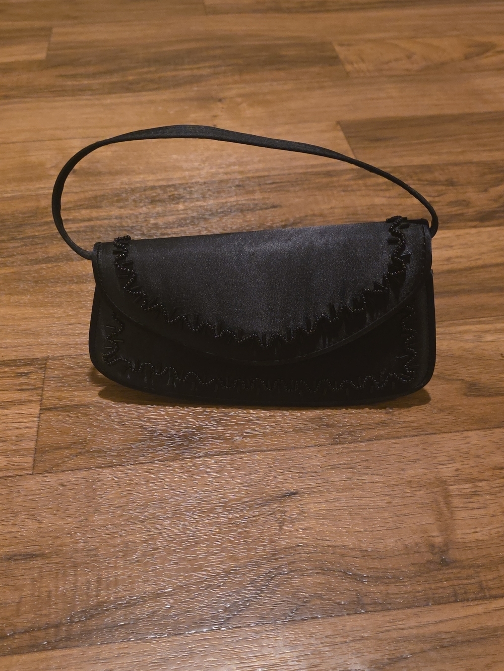 Black Satin Evening Clutch with Beaded Trim